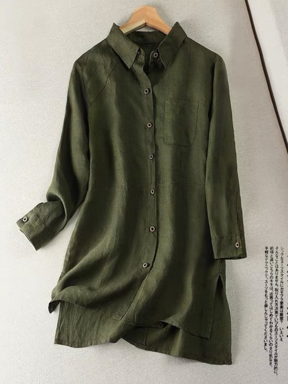 Women's Army Green Cotton Linen Oversized Button-Up Shirt